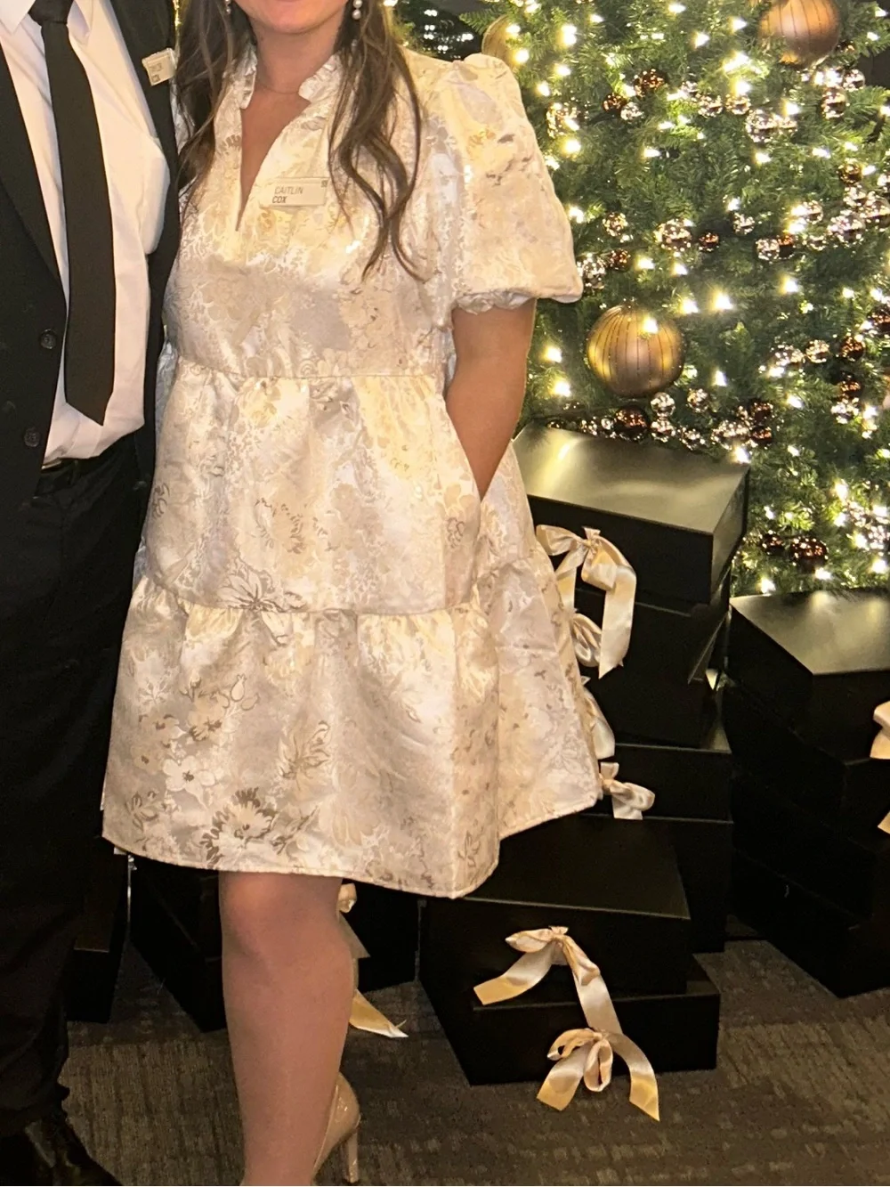 Women's Ivory Brocade Short Sleeve Tiered Dress